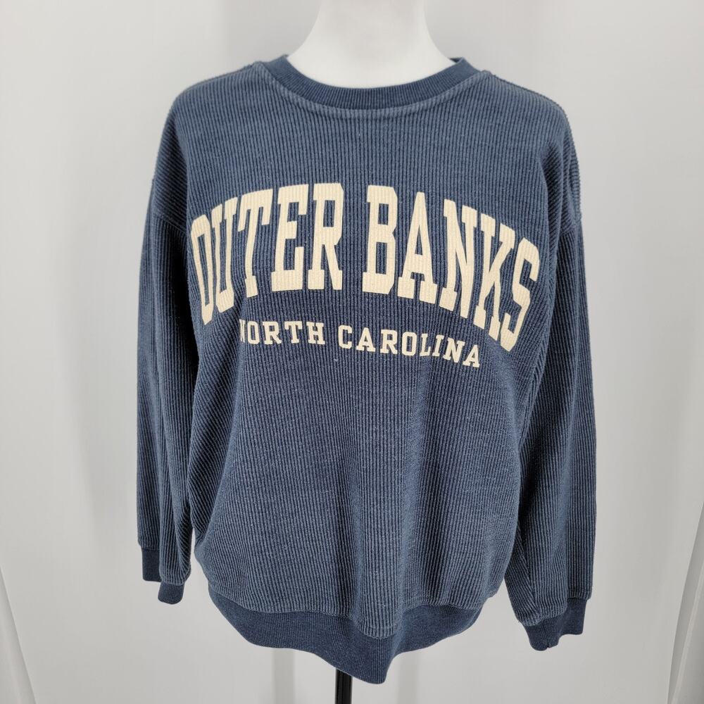 Prairie Mountain Outerbanks Sweatshirt Womens Medium Blue White Ribbed Spellout